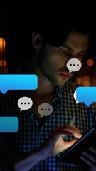 Poster - Using smartphone, man surrounded by blue chat bubbles in dark animation setting