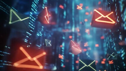 Poster - Futuristic Email Network - A digital video of glowing email icons floating in a cyberspace environment.