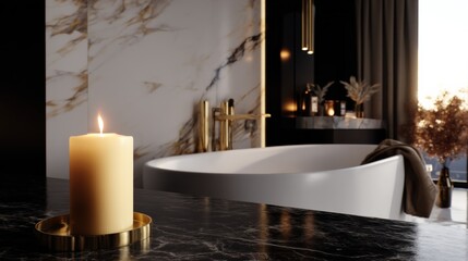 Poster - Elegant modern bathroom with a luxurious freestanding bathtub, marble wall, candlelit ambiance, and large window overlooking nature