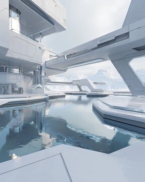 Futuristic White Architecture Complex With Water Reflection