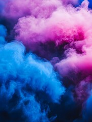 Wall Mural - An abstract view of blue and pink smoke clouds swirling together in a dark and atmospheric setting