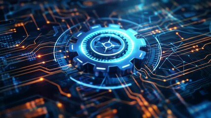 Poster - Futuristic Technology Gear on Circuit Board - A close-up shot reveals a glowing blue gear mechanism intricately integrated into a complex circuit board, symbolizing technological innovation and