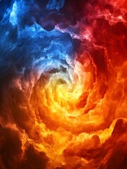 Wall Mural - Vibrant swirling vortex of blue red and yellow clouds creating a dynamic and colorful composition