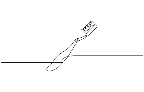 Continuous line drawing of toothbrush. Single line drawing of a toothbrush,  and toothpaste, Dental care concept. Minimalist design, white background.