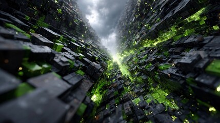 Abstract cityscape of gray and black blocky structures with green and yellow lights reaching to a cloudy sky