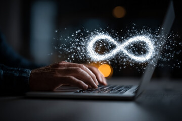 Man types on laptop with glowing infinity symbol. Represents unlimited possibilities, growth, tech, innovation, connection. For marketing, web design.