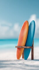 Poster - Two colorful surfboards are leaning on a wooden rack on a pristine white sandy beach, with the turquoise ocean and clear blue sky creating a perfect backdrop for a summer watersports adventure