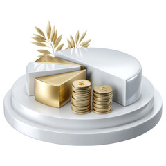 Poster - Business clipart showing 3D pie chart with gold and silver segments and stacks of coins symbolizing financial growth and investment success