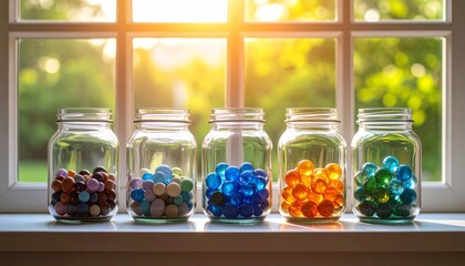 Poster - Colorful Glass Jars Filled with Marbles by Sunlit Window