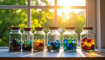 Poster - Colorful Glass Jars Filled with Marbles on a Sunny Windowsill