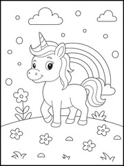  Fantasy Unicorn in a Garden Coloring Page for kids. Black and White Art for Kids Who Love Imaginative Scenes