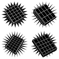 Poster - Four solar panels with grid patterns and radiant bursts in black and white illustration style
