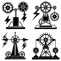 Poster - Four black and white steampunk machines with gears and lightning bolts on a white background image art