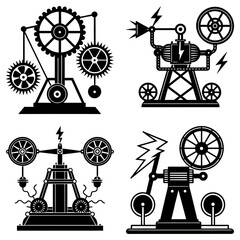 Poster - Illustration of four black and white steampunk machines with gears and electrical elements on a white background