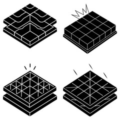 Poster - Isometric black and white illustrations showing various tile designs and layer configurations on a white background