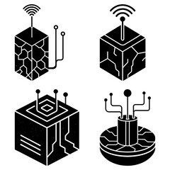 Fototapete - Four abstract cubes with antenna and circuit patterns representing technology and connectivity concepts