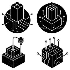 Fototapete - Four isometric illustrations of black and white computer processors and circuit boards on a white background