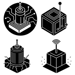 Fototapete - Illustration of four isometric black and white technology themed icons with different designs shown