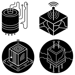 Poster - Four abstract black and white technology icons featuring cubes, cylinders, and antenna designs
