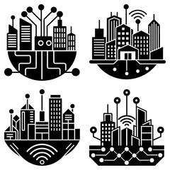 Poster - Illustration of four futuristic cityscapes with circuit board bases and wireless communication elements shown