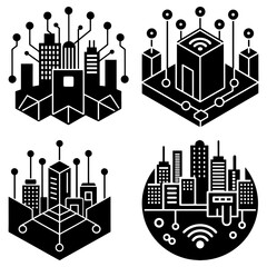 Fototapete - Illustration of four stylized smart city concepts with connected buildings and network infrastructure designs
