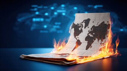 Poster - Global market tariff trade war. A burning map symbolizes the destruction of knowledge and information in a digital age.