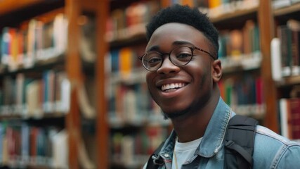 Aufkleber - A person wearing glasses smiles as they browse through books on a shelf, great for representing reading and learning concepts