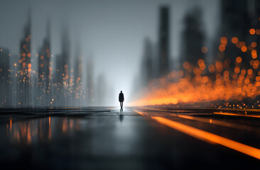 Poster - Man stands in futuristic cityscape. Orange bokeh lights create data streams, digital connections, artificial intelligence concept. Modern tech, innovative design, cyber world, business technology.