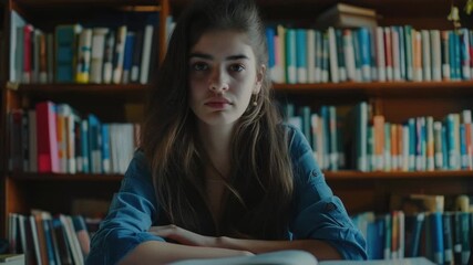 Aufkleber - A girl sits at a table in a quiet library, immersed in her book