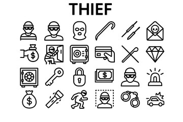 Fototapete - A collection of solid black icons for thieves, crime, and security