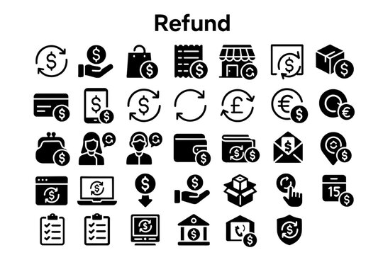A collection of solid black icons for refunds, returns, and finance