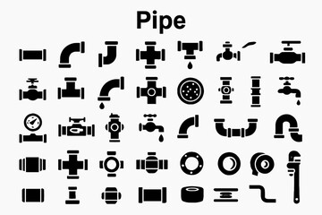 Fototapete - A collection of solid black icons for pipes, plumbing, and industry