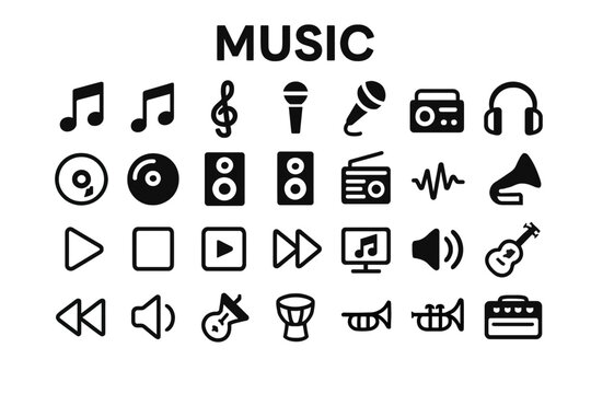 A collection of solid black icons for music, audio, and sound