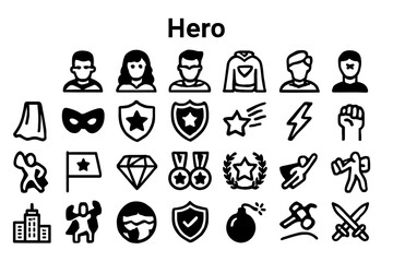 Fototapete - A collection of solid black icons for heroes, power, and superheroes