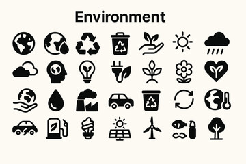 Fototapete - A collection of solid black icons for environment, nature, and ecology