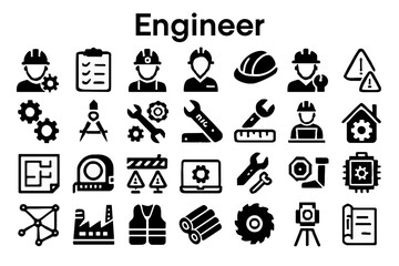 Fototapete - A collection of solid black icons for engineers, tech, and design