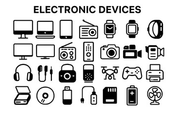 Fototapete - A collection of solid black icons for electronic devices and technology