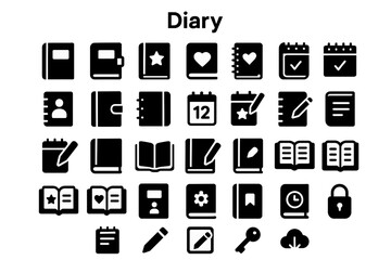 Fototapete - A collection of solid black icons for diaries, journals, and personal notes