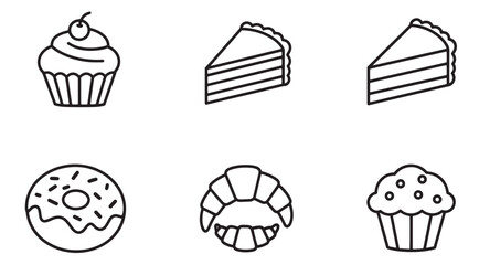 Poster - Collection of simple outline drawings of cakes pastries and baked goods in a black and white style