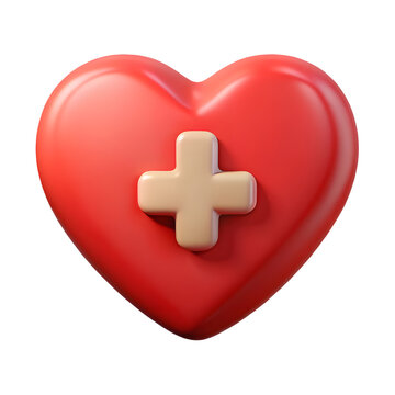 Red Heart with Medical Cross 3D Rendered Icon for Healthcare and First Aid Symbol