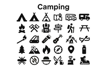 Fototapete - A collection of solid black icons for camping and outdoor adventure