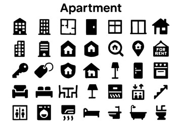 Fototapete - A collection of solid black icons for apartments, homes, and real estate