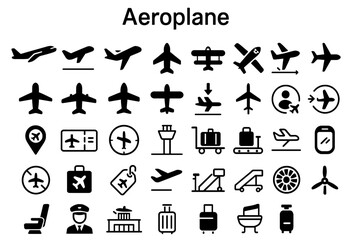 Fototapete - A collection of solid black icons for aeroplanes, travel, and aviation