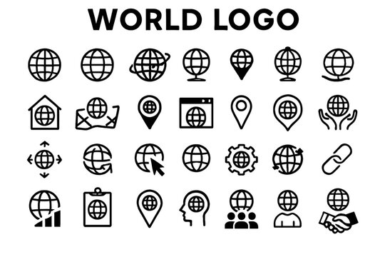 A collection of solid black icons for world, global, and network