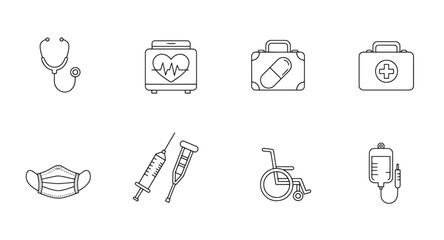 Poster - Medical icons depicting health and healthcare instruments in simple black and white outline