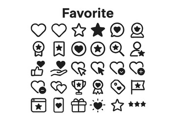 Fototapete - A collection of solid black icons for favorites, likes, and bookmarks