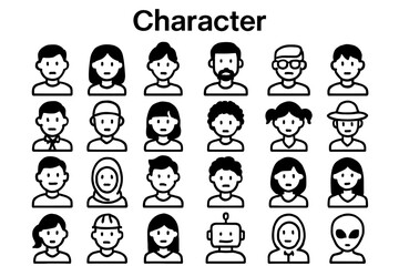 Fototapete - A collection of solid black icons for characters, avatars, and people