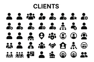 Fototapete - A collection of solid black icons for clients, customers, and users