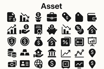 Fototapete - A collection of solid black icons related to business assets and property
