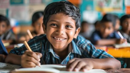 Aufkleber - A young boy smiling as he sits at his desk in a typical classroom setting